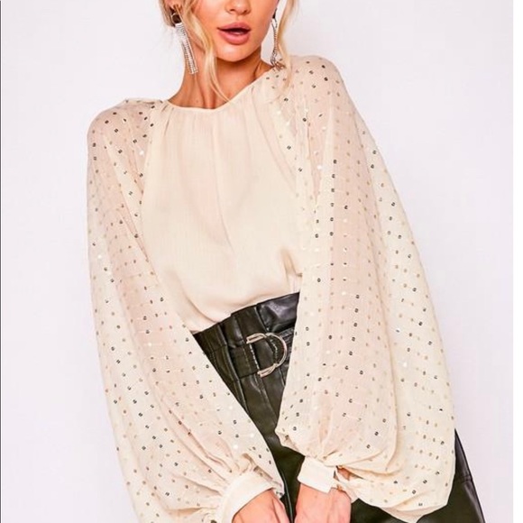 SEQUIN BALLOON SLEEVE CRINKLE CHIFFON BLOUSE - Picture 4 of 5